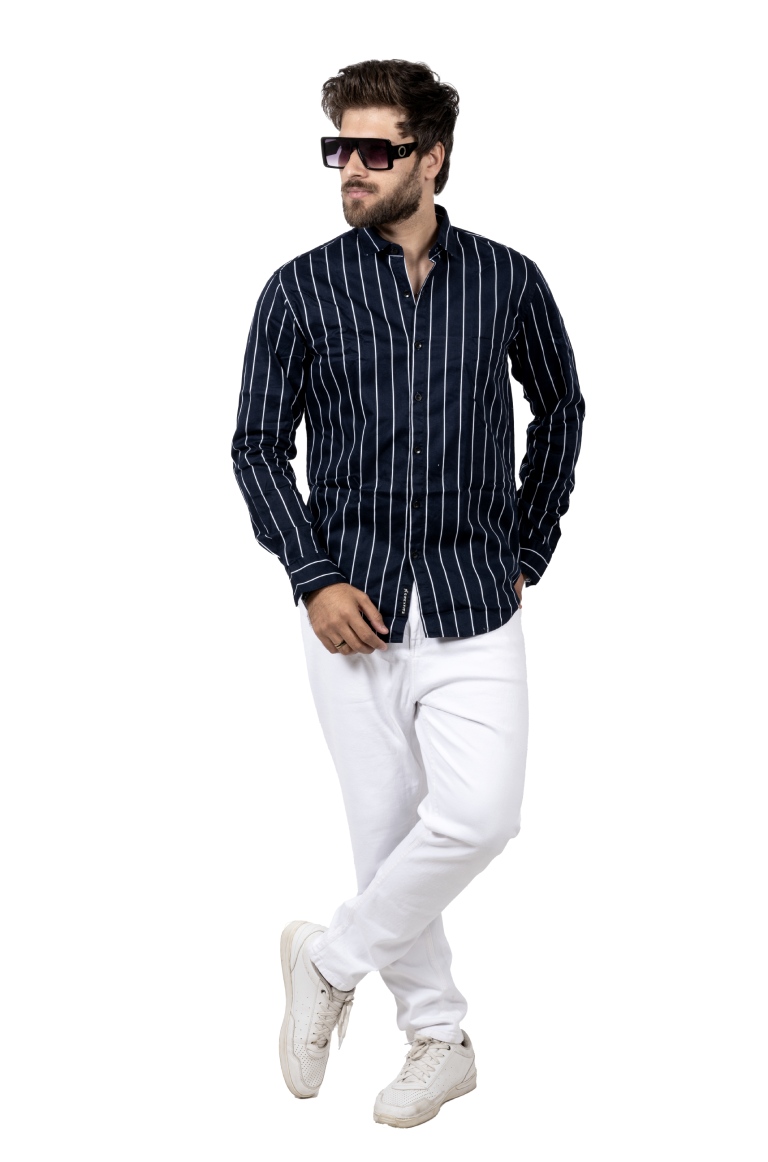 Casual Navy Blue Striped Shirt